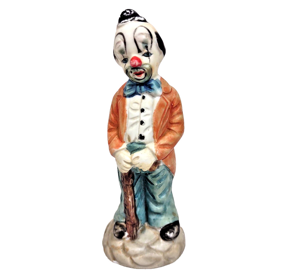 Vintage Bisque Porcelain Clown Figurine Hobo w Cane Taiwan 6” Tall Taiwan